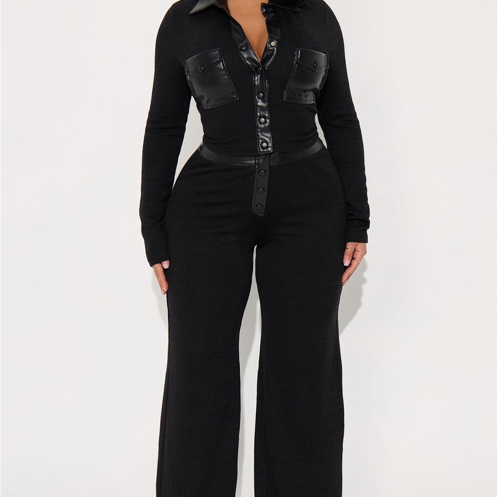 Fashion Nova Elonna Faux Leather Trim Pant Set - Black